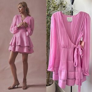 Anthropologie BHLDN Esme V-Neck Long-Sleeve Wrap Chiffon Mini Dress Pink
